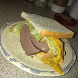 A lopsided homemade sandwich with mustard spilling onto the plate